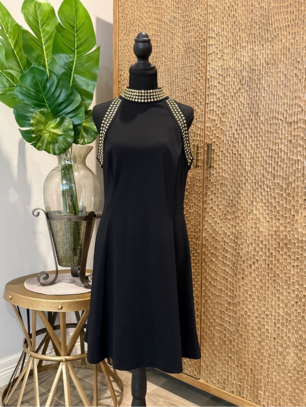 Michael Kors Black Halter Dress with Gold Stud Neckline & Sleeves Size 10
